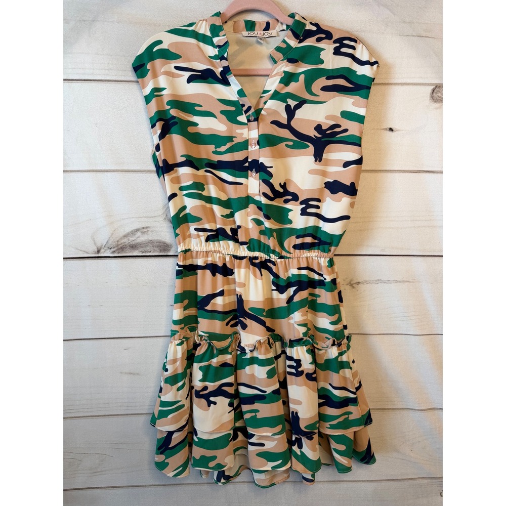 Joy Joy Camouflage Print Sleeveless Tiered Ruffle Mini Dress Green Tan Small
